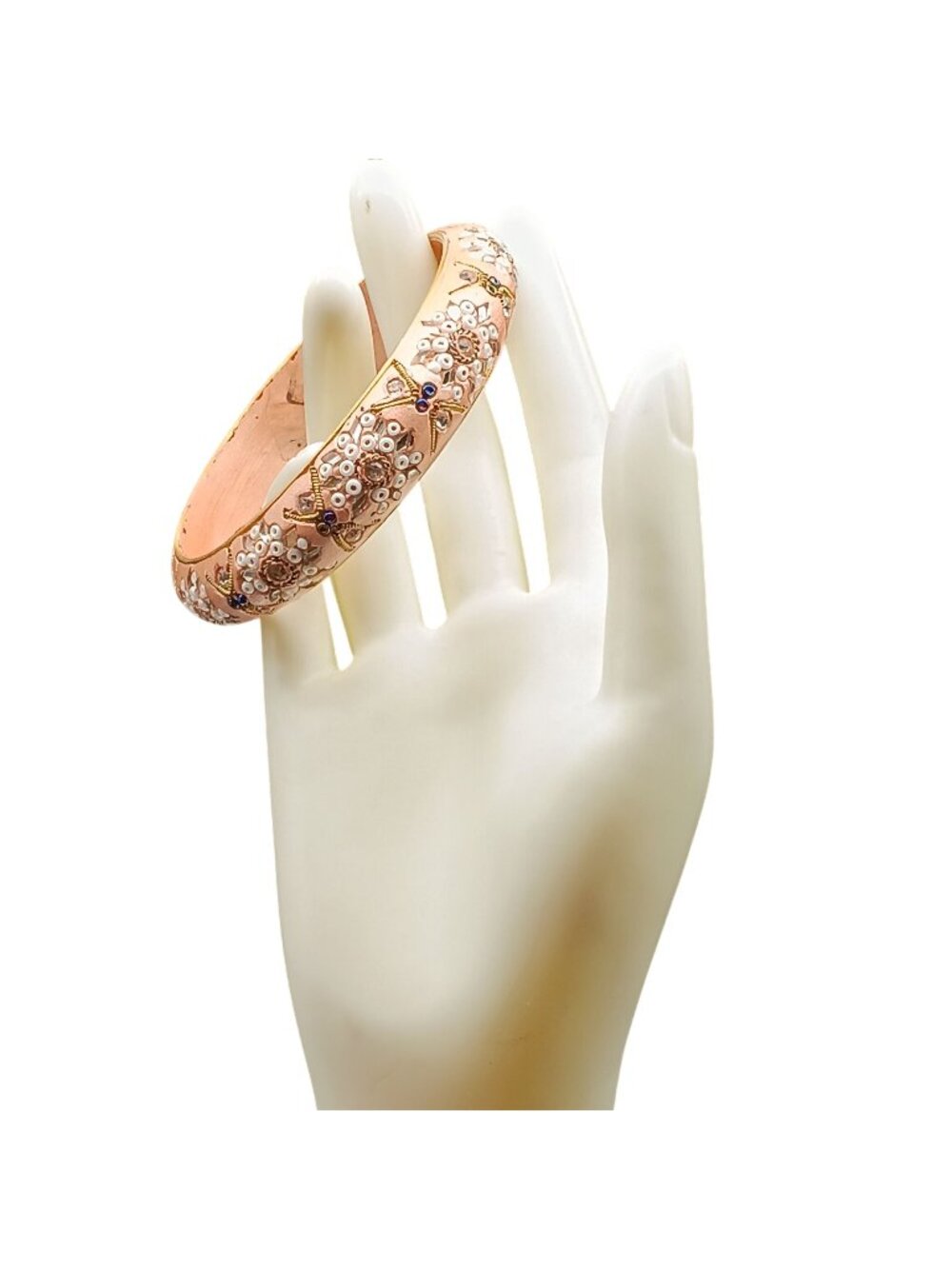 Vintage Floral Handcrafted Wood Bangle with Inset Beads & Rhinestones 8" Pink